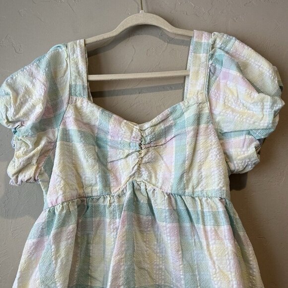 Puff-Sleeve Smocked Seersucker Babydoll Swing Blouse Women XL - Picture 6 of 9